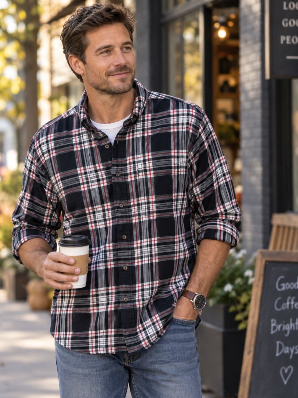 Brooks Brothers 346 L Plaid Button Down Men's Black White Red Cotton Flannel